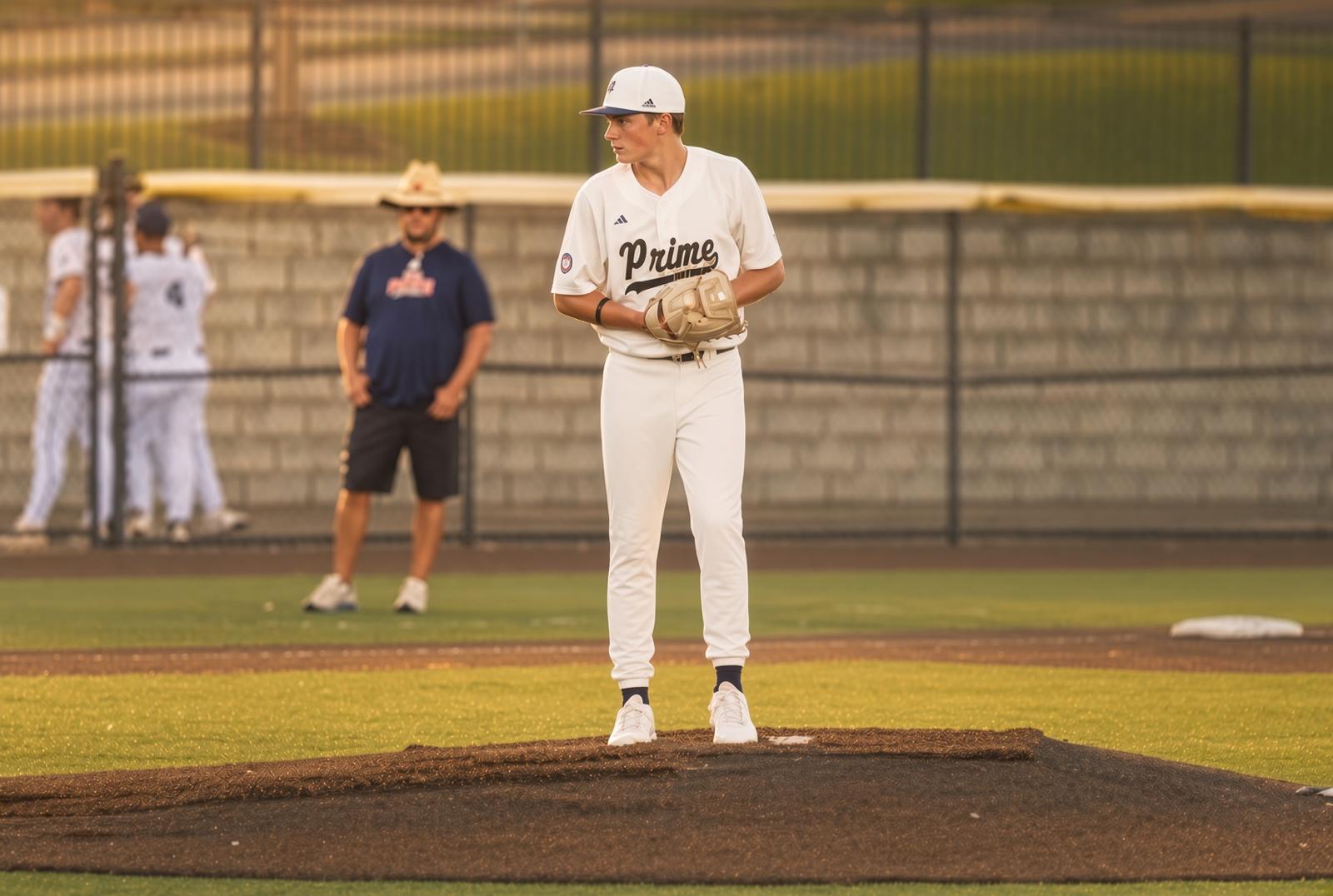 Cayden Meccage on the mound in his Prime uniform